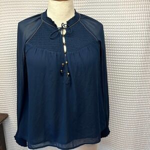 Abercrombie & Fitch Navy Polyester Longsleeve Top with Gold beading and Smocking